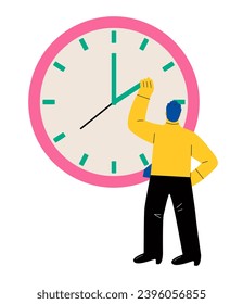 Business man standing with clock adjusts time. Time control concept. Flat vector illustration isolated on white background

