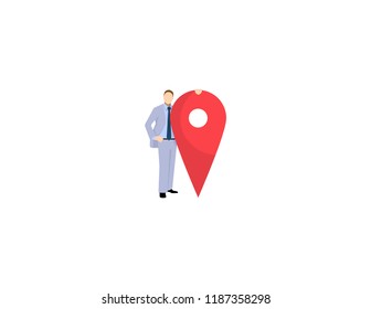Business man is standing close to big map pointer. Our office location. Vector illustration