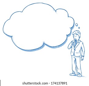 Business Man Standing  With Cloud Shaped Thought Bubble While Thinking About A Problem,Â?Â? Hand Drawn Vector Illustration