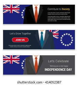 Business Man Standing Cook Islands country flag in Website banner. set with different text. Contribute to Society. Let's grow Together. Happy Independence Day. Vector web banner illustration