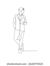 Business man standing in cool style sketch in one continuous line. Drawing style. Cool male model in minimalist black lines isolated on white background.