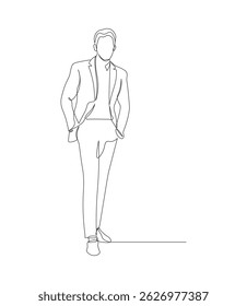 Business man standing in cool style sketch in one continuous line. Drawing style. Male model in minimalist black lines isolated on white background. Vector illustration