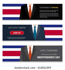 Business Man Standing Costa Rica country flag in Website banner. set with different text. Contribute to Society. Let's grow Together. Happy Independence Day. Vector web banner illustration