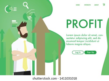 A business man standing with crossing his arms with the background of the financial graphic and copy space for text- Profit- in website template minimal in green color style