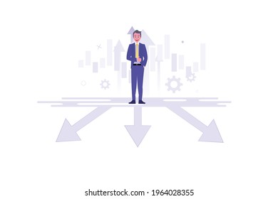 A business man standing at a crossroads and choosing a direction. Right way business concept. Choice. Modern vector illustration.