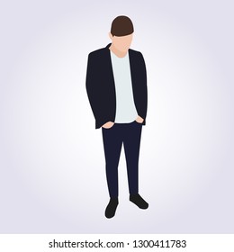 Business man standing in dark suit with hands in his pockets. Flat style vector character illustration isolated on white background