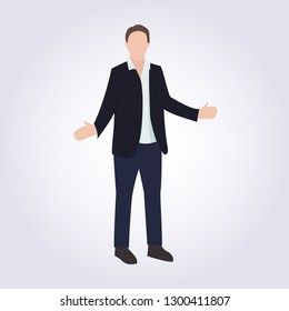Business man standing in dark suit in confusion. Flat style vector character illustration isolated on white background