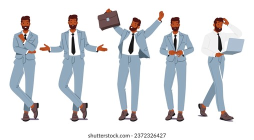 Business Man Standing In Different Poses. Male Character In Smart Wear Posing With Folded Arms, Showing Confusion Gesture, Holding Laptop, Rejoice with Raised Arms. Cartoon People Vector Illustration