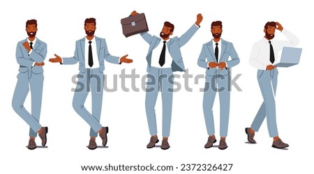 Business Man Standing In Different Poses. Male Character In Smart Wear Posing With Folded Arms, Showing Confusion Gesture, Holding Laptop, Rejoice with Raised Arms. Cartoon People Vector Illustration