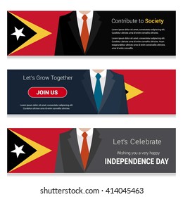Business Man Standing East Timor country flag in Website banner. set with different text. Contribute to Society. Let's grow Together. Happy Independence Day. Vector web banner illustration