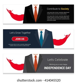 Business Man Standing Easter Island Rapa Nui country flag in Website banner. set with different text. Contribute to Society. Let's grow Together. Happy Independence Day. Vector web banner illustration