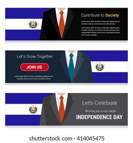 Business Man Standing El Salvador country flag in Website banner. set with different text. Contribute to Society. Let's grow Together. Happy Independence Day. Vector web banner illustration