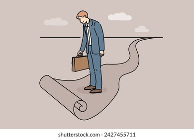 Business man standing at end of path, as metaphor for limitations in career growth and dead end in professional development. Businessman stands confused on ending path and needs career advice