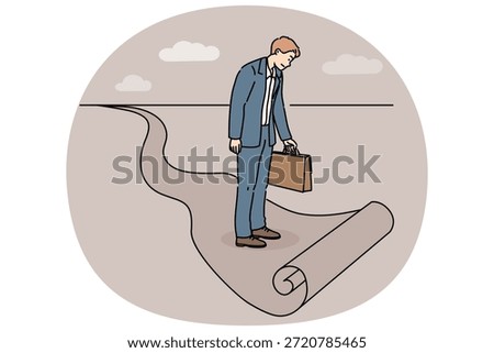 Business man standing at end of path, as metaphor for limitations in career growth and dead end in professional development. Businessman stands confused on ending path and needs career advice