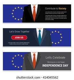 Business Man Standing European Union country flag in Website banner. set with different text. Contribute to Society. Let's grow Together. Happy Independence Day. Vector web banner illustration
