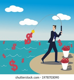 A business man standing fishing money with gold coin, at the sea money buckets behiend,white cloud  blue sky on background .