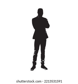 Business man standing with folded arms, isolated vector silhouette, front view