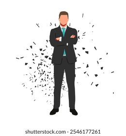 Business man standing with folded arms, self confident man in suit, isolated dispersed vector illustration, front view