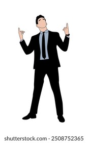 Business man standing in formal suit and necktie, pointing up. Modern vector simple outline colored sketch illustration isolated on white background.