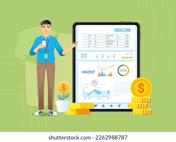 Business man standing in front of giant tablet computer screen making presentation and explaining charts diagrams annual report