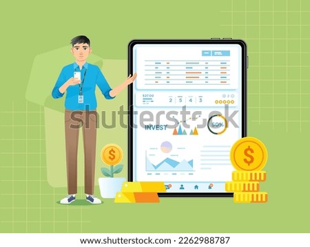 Business man standing in front of giant tablet computer screen making presentation and explaining charts diagrams annual report