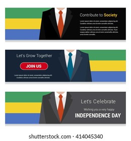 Business Man Standing Gabon country flag in Website banner. set with different text. Contribute to Society. Let's grow Together. Happy Independence Day. Vector web banner illustration