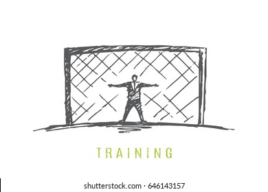 The business man is standing at the gate. Businessman goalkeeper. Vector concept illustration. Hand drawn sketch. Lettering training.