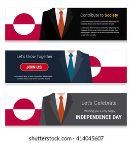 Business Man Standing Greenland country flag in Website banner. set with different text. Contribute to Society. Let's grow Together. Happy Independence Day. Vector web banner illustration