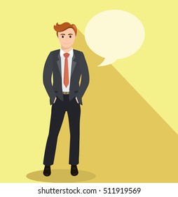 Business man standing and hands in pockets. Full length portraits of elegant, handsome man in suit. Flat design. Vector cartoon illustration