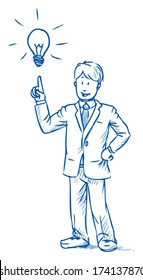 Geschäftsmann stehen und haben eine Idee mit der Hand, die auf die Glühbirne ,Â?Â? handgezeichnete Vektorgrafik