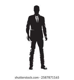 Business man standing, high contrast drawing, isolated vector silhouette, businessman stands in suit, front view