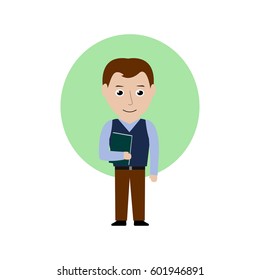 A business man is standing and is holding a folder with documents