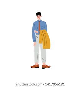 Business Man Standing and Holding Jacket in his Hands, Office Employee, Entrepreneur or Manager Character Vector Illustration