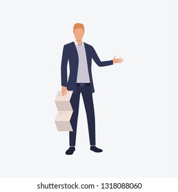 Business man standing, holding paper and presenting information. Businessman, presentation, speaker. Can be used for topics like business, information, management