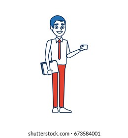 business man standing holding papers office work