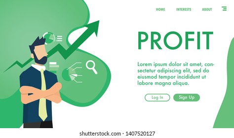 A business man standing with the business icons on the background in website modern final style template 