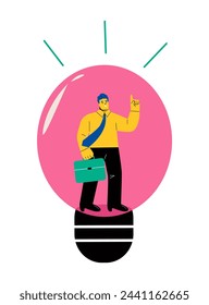 Business man standing inside of light bulb. Creativity concept. Flat vector illustration isolated on white background
