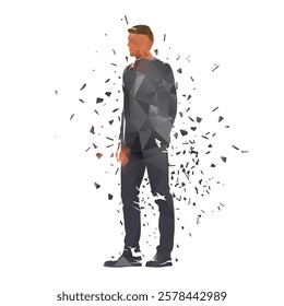 Business man standing, isolated low poly vector illustration with dispersion effect. Isolated business people