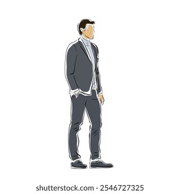 Business man standing, isolated vector drawing illustration of business person