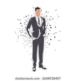 Business man standing, isolated vector line art flat design illustration with distortion effect. Man in suit. Business people