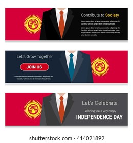 Business Man Standing Kyrgyzstan country flag in Website banner. set with different text. Contribute to Society. Let's grow Together. Happy Independence Day. Vector web banner illustration