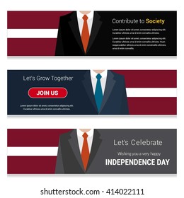 Business Man Standing Latvia country flag in Website banner. set with different text. Contribute to Society. Let's grow Together. Happy Independence Day. Vector web banner illustration