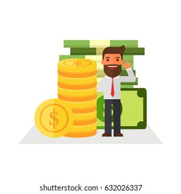Business man standing and leaning to a huge pile of money