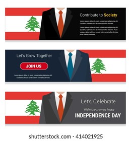 Business Man Standing Lebanon country flag in Website banner. set with different text. Contribute to Society. Let's grow Together. Happy Independence Day. Vector web banner illustration