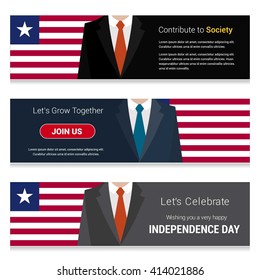 Business Man Standing Liberia country flag in Website banner. set with different text. Contribute to Society. Let's grow Together. Happy Independence Day. Vector web banner illustration