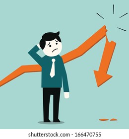 Business man standing and looking in despair at broken down statistic arrow. Business concept in bankruptcy or going down economy.   