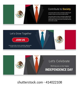 Business Man Standing Mexico country flag in Website banner. set with different text. Contribute to Society. Let's grow Together. Happy Independence Day. Vector web banner illustration
