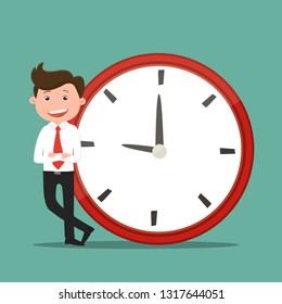 Business man standing near the clock.Businessmen occupy times.Vector illustration.