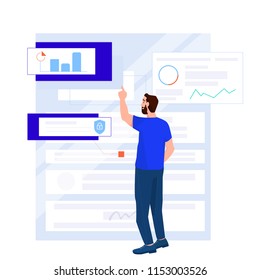 Business man standing near the document with charts and graphs, diagrams, money and crypto. Business vector illustration 