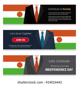 Business Man Standing Niger country flag in Website banner. set with different text. Contribute to Society. Let's grow Together. Happy Independence Day. Vector web banner illustration